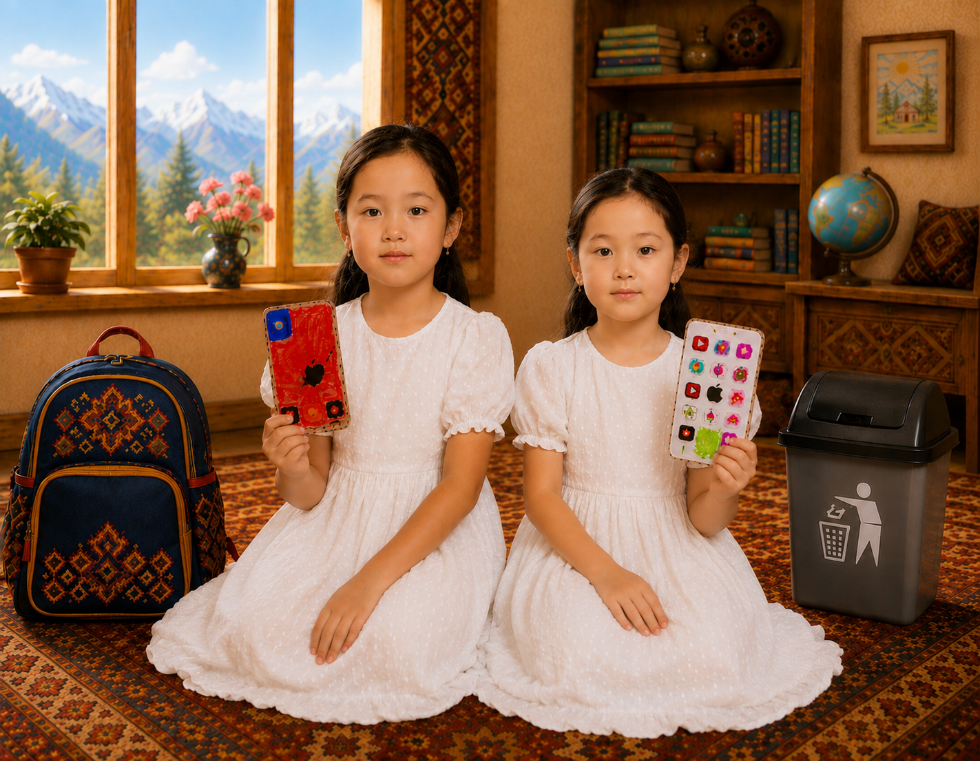Aruuke and Aibiyke with backpack and trash bin